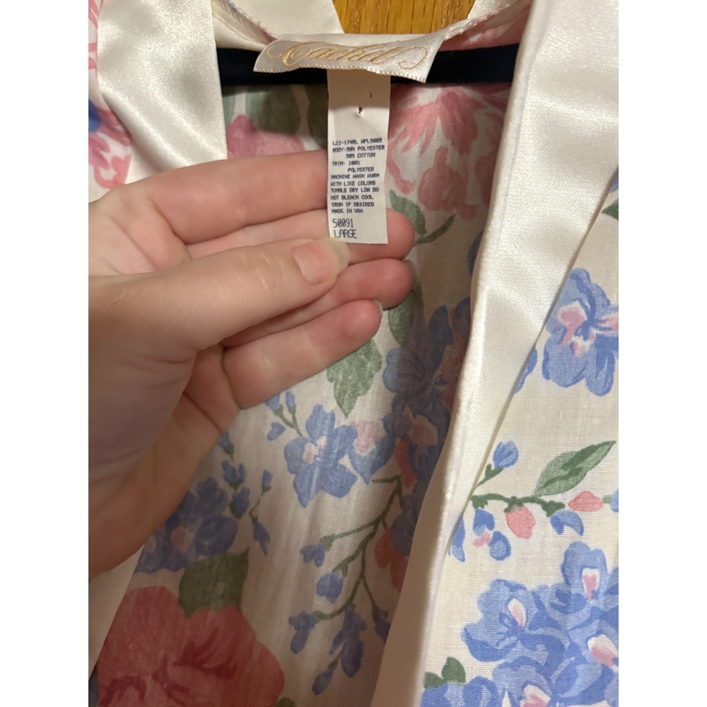 Vintage Floral Robe Satin Trimmed Loungewear Belted Pockets Women's Large L - Picture 7 of 11